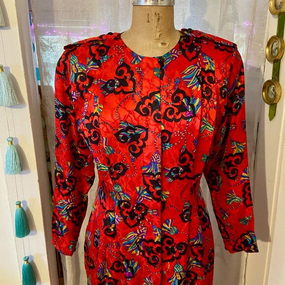 vtg 80s ADRIANNA PAPELL Red Tassel Print Silk Cocktail Dress Mod Wife Baroque 6 - Picture 3 of 10